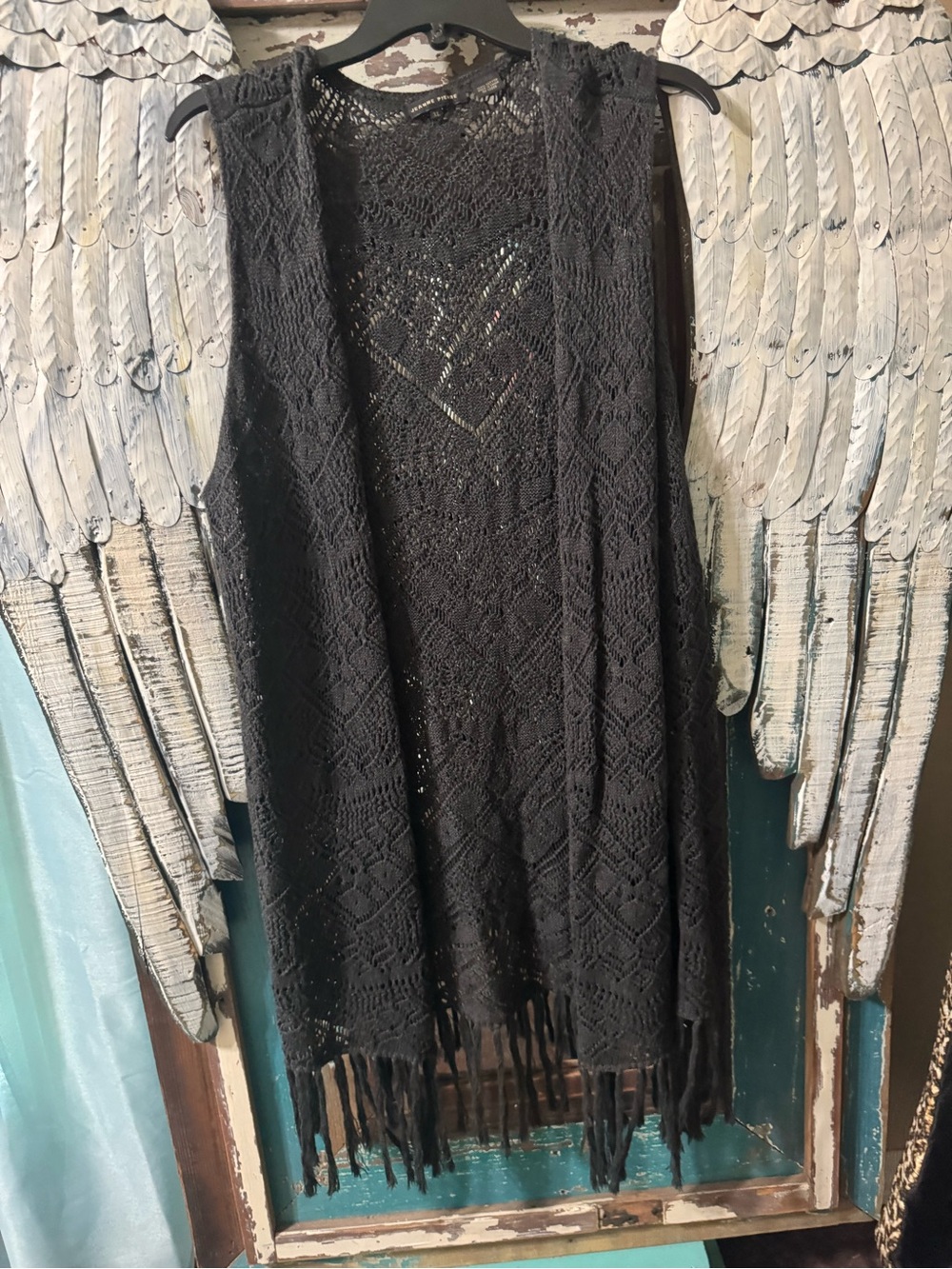 JEANNE PIERRE Black Boho Crochet Fringe Vest